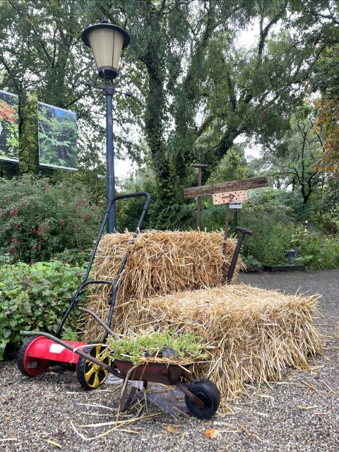 2 strobalen met een handgrasmaaier en een kruiwagen